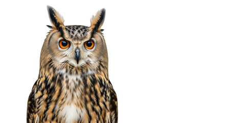 Isolated Eurasian Eagle-Owl looking forward with its orange eyes and prominent ear-tufts