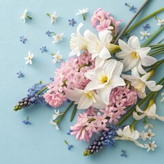 A delicate spring floral arrangement featuring white daffodils and pink hyacinths on a soft blue surface.