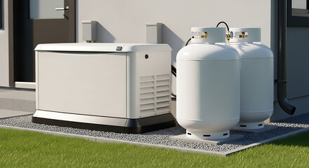 Residential backup generator and propane tanks sit outside a home, ready for emergency power.