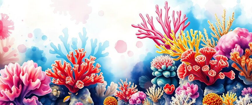 Vibrant coral reef watercolor set, showcasing various coral textures and colors, ocean, seamless