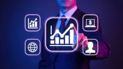 Businessman touching a digital chart icon business analysis and data concept glow