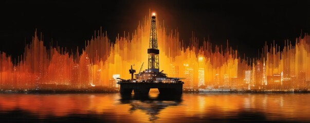 Oil Rig Surrounded by Vibrant Flames and Reflections in Dark Water at Night