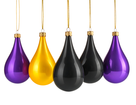 Five teardrop shaped christmas ornaments in purple gold and black isolated on transparent background