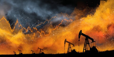 Silhouette of Oil Pumps Against a Dramatic Sunset Sky Representing Energy Industry
