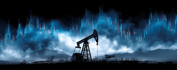 Silhouette of an Oil Pump Jack Against a Dramatic Skyline Illuminated by Vibrant Blue and Red Energy Waves