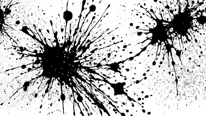 Black and white ink splatters on a white background creating expressive abstract textures, dynamic patterns, and visually striking artistic composition
