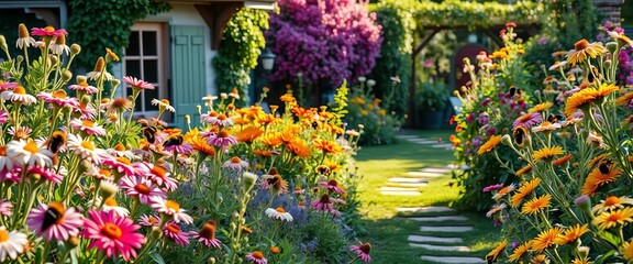 A whimsical cottage garden overflowing with wildflowers and bumblebees, sun-dappled path, illustration, meadow