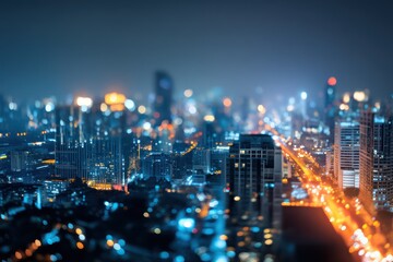 Aerial Panoramic View of Defocused Glowing Night City