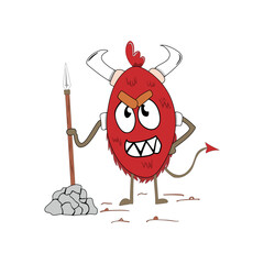red devil character vector carrying iron spear in cartoon and cute style