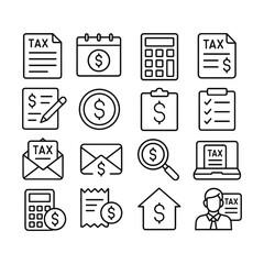 Tax filing preparation icons. Outline symbols. Line design