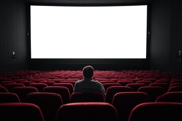 Man watching movie on mockup screen in dark theater