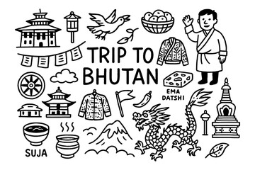 Bhutan travel doodle composition with temples, dragon, people and traditional cultural symbols, Transparent Background