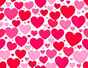 Seamless pattern of hearts in various shades of red and pink on a white background