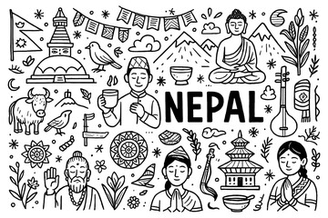 Nepal travel doodle composition with temples, Himalayas, culture and traditional symbols, Transparent Background