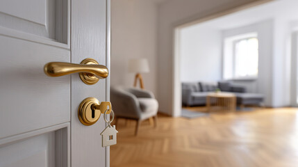 A close-up of a key inserted into a door lock, opening a bright, modern living room. Background for real estate purchases, rentals, and interior design, suitable for banners and posters