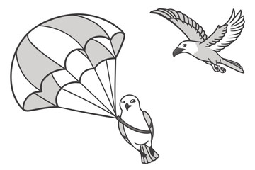Bird Parachuting and Flying Eagle Vector - Humorous Monochrome Graphic