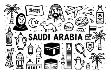 Saudi Arabia travel doodle composition with culture, landmarks, people and traditional symbols, Transparent Background