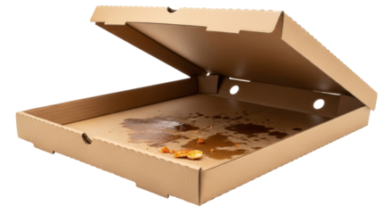 Isolated empty cardboard pizza box left open on table after delivery consumption leftovers