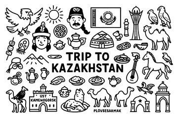 Kazakhstan travel doodle composition with culture, landmarks, people and traditional symbols, Transparent Background