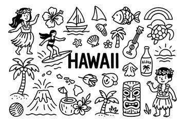 Hawaii travel doodle composition with hula dancer, tropical symbols, beach and culture elements, Transparent Background