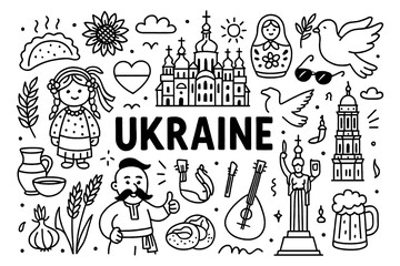 Obraz premium Ukraine travel doodle composition with landmarks, food, culture and traditional symbols, Transparent Background