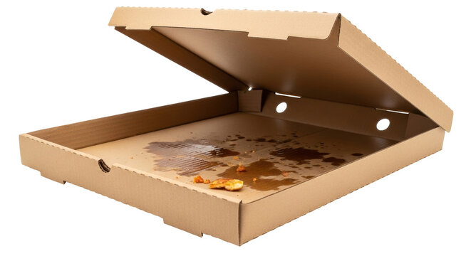 Isolated empty cardboard pizza box left open on table after delivery consumption leftovers