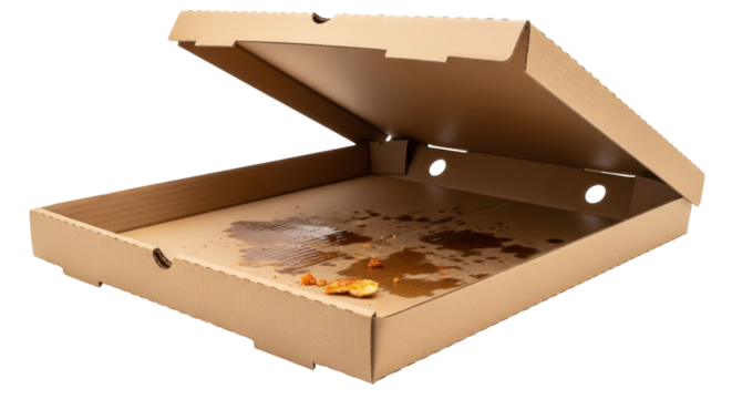 Isolated empty cardboard pizza box left open on table after delivery consumption leftovers