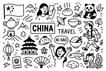 China travel doodle composition with landmarks, food, culture and traditional symbols, Transparent Background