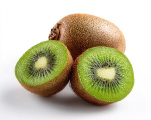 Obraz premium Two whole and two halves of kiwi fruit, arranged on a white surface. The kiwifruit are a vibrant green inside, with a light brown skin, and a visible seed center