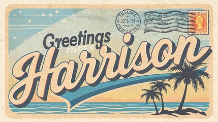 Vintage Greetings from Harrison Postcard with Ocean Sunset and Surreal Stampwork