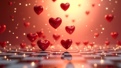 Red hearts floating above a checkered surface with bokeh lights, perfect for valentines day theme