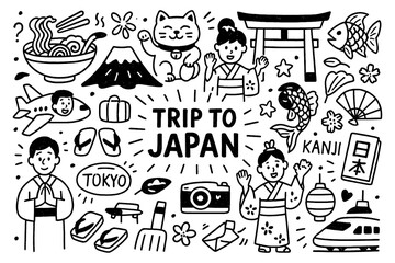 travel doodle composition with japan culture icons and traditional holiday elements, Transparent Background