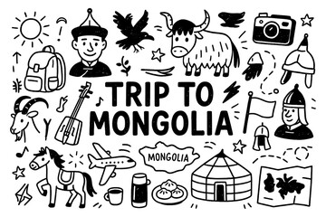 travel doodle composition with mongolia culture icons and traditional holiday elements, Transparent Background