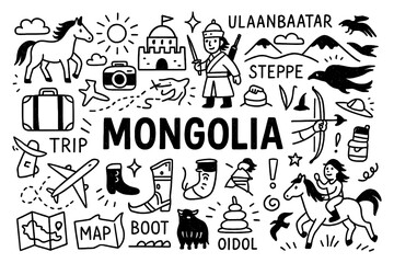 travel doodle composition with mongolia culture icons and traditional holiday elements, Transparent Background