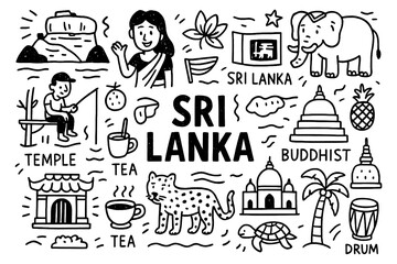 travel doodle composition with sri lanka culture icons and traditional holiday elements, Transparent Background