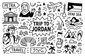 travel doodle composition with jordan culture icons and traditional holiday elements, Transparent Background