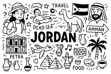 travel doodle composition with jordan culture icons and traditional holiday elements, Transparent Background