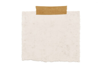 Fototapeta premium Vintage torn paper blank note attached with brown tape, empty textured sheet, transparent background