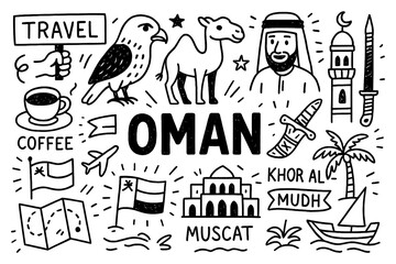 travel doodle composition with oman culture icons and traditional holiday elements, Transparent Background
