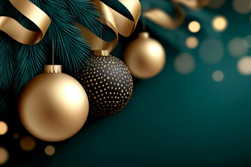 Christmas and New Year background with copy space. Dark green velvet background adorned with golden Christmas ornaments and ribbons, creating a festive and elegant holiday atmosphere