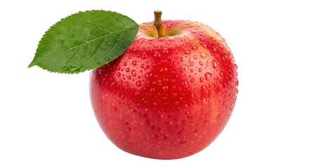 Isolated red apple with leaf and water droplets close up, vibrant fresh fruit, delicious