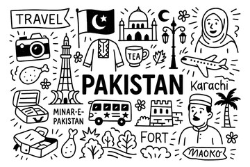 travel doodle composition with pakistan culture icons and traditional holiday elements, Transparent Background