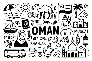 travel doodle composition with oman culture icons and traditional holiday elements, Transparent Background