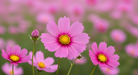 Fototapeta premium Vibrant Pink Cosmos Flowers with Yellow Centers in a Field