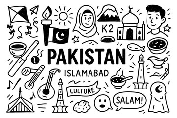 travel doodle composition with pakistan culture icons and traditional holiday elements, Transparent Background