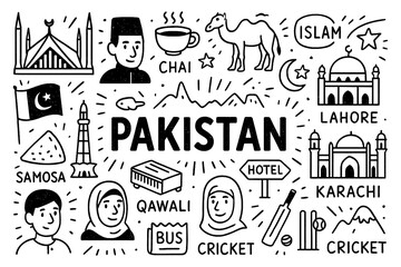 travel doodle composition with pakistan culture icons and traditional holiday elements, Transparent Background