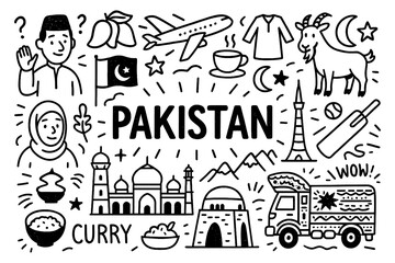 travel doodle composition with pakistan culture icons and traditional holiday elements, Transparent Background