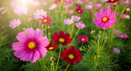 Vibrant Pink and Red Cosmos Flowers in Sunlight garden