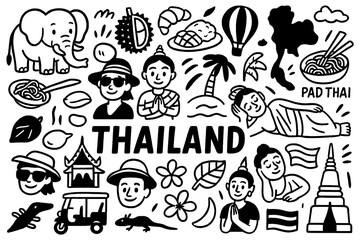 travel doodle composition with thailand culture icons and traditional holiday elements, Transparent Background