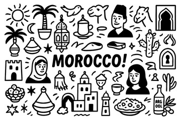 travel doodle composition with morocco culture icons and traditional holiday elements, Transparent Background